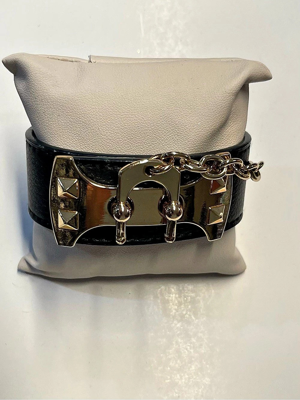 BCBGMaxAzria Black Leather Cuff with Gold Details  and Chain